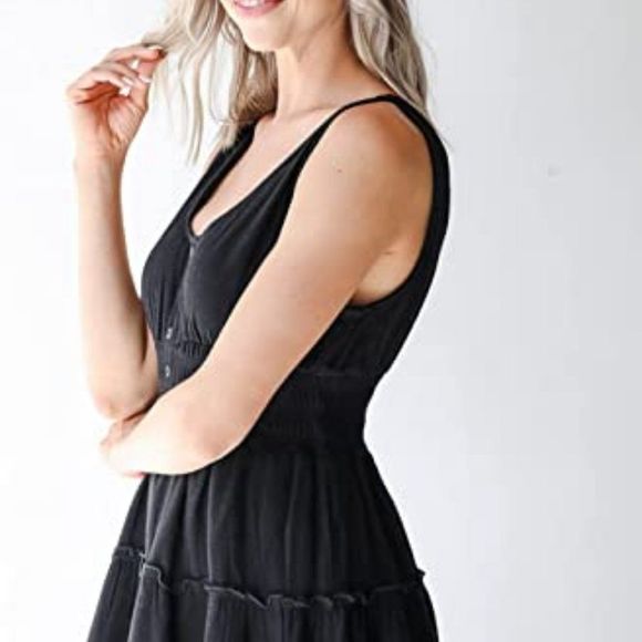 Women Sleeveless Button Down Smocked Elastic Waist Ruffle Tiered Casual Dress - Picture 3 of 5